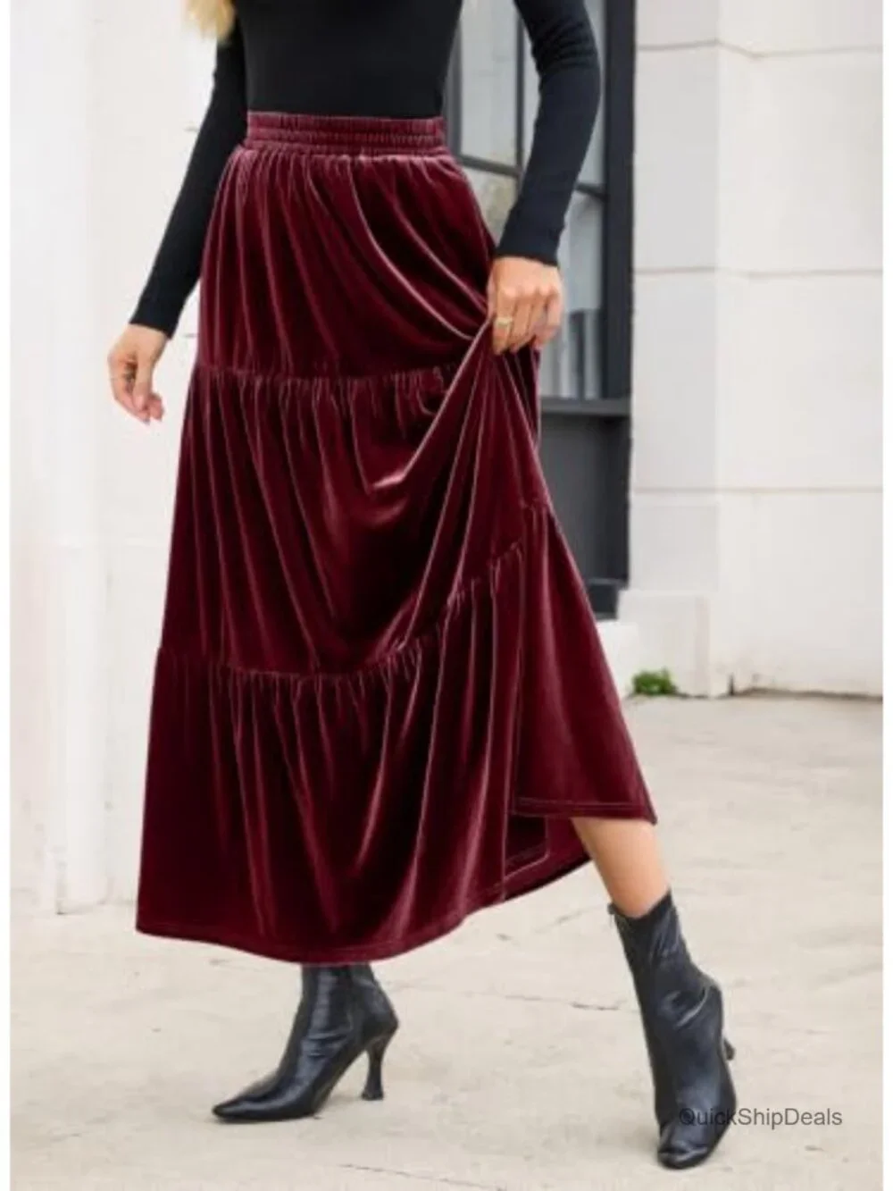Women Velvet Maxi Skirt High Waisted A-Line Ruffled with Pockets